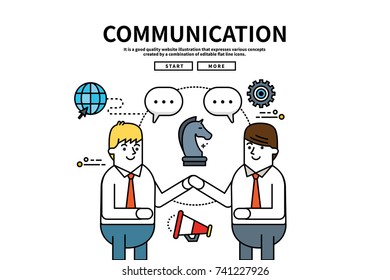 Flat line vector editable graphic website illustration, business communication