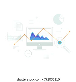 Flat line vector graphic design template - business and web analytics, data flow and market research.