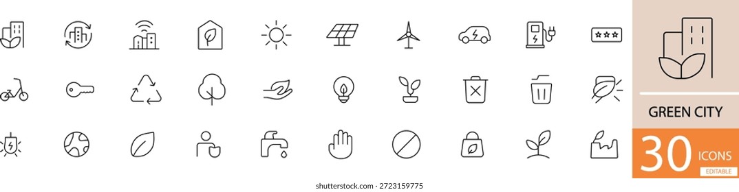 Flat line vector green city icon set showing sustainable urban life, renewable energy, and friendly concepts in clean minimal style. Perfect for environmental, smart city, and sustainability design use