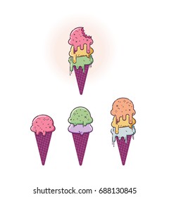  Flat line vector ice cream cone set with different flavors. Fruit scoops. Melting dessert isolated on white isolated