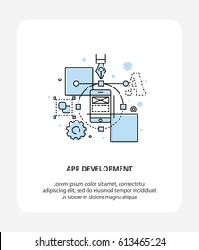 Flat line vector icon illustration concept of App Development. Design, Interface, layout and performance mobile optimization progress. Logo Style, Application development infographic symbol.