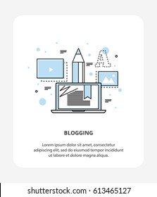Flat line vector icon illustration concept of Blogging, Blog Posts Creation Process. Video, images and data web sharing concept. Logo style infographic symbol.
