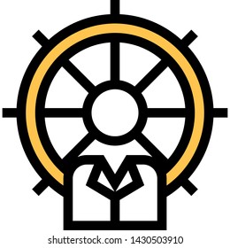 Flat line vector icon of leadership. A person and a ship steering wheel illustration.