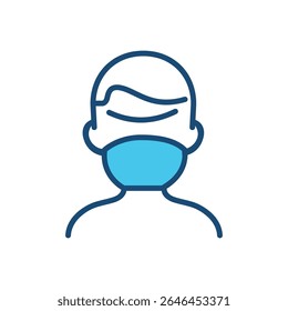 Ícone de vetor de linha plana de uma pessoa usando uma máscara facial médica, representando segurança, proteção e higiene durante uma pandemia, estação de gripe ou ambientes médicos. Ideal para uso em saúde.