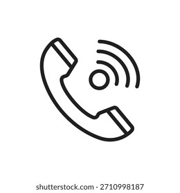 Ícone de vetor de linha plana de um fone de telefone com ondas de som e um círculo central, sugerindo modo alto-falante, ativo ou alto-falante. Ideal para design tecnológico.