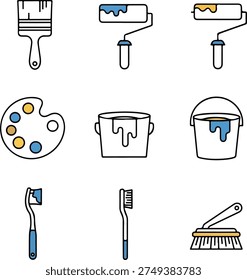 Flat line vector icon set of painting and cleaning tools including paint brushes, rollers, color palette, paint buckets, and scrubbing brushes for renovation and artistic design.