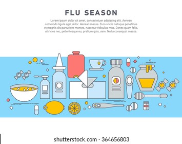 Flat line vector icon set of cold and flu season items hot beverage tea mug, lemon fruit, honey jar, cup of chicken soup, aspirin pills, thermometer, cough syrup
