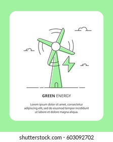 Flat Line Vector Icon Style of Eco Green Energy. Wind power station, symbol of renewable energy, sustainable technology, ecology solutions. Element for website, mobile app, green smart city.