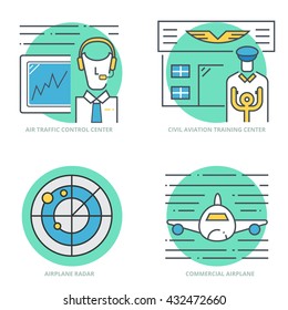 Flat Line Vector Icons for Aircraft and Airplane.