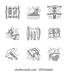 Flat line vector icons for longboards and extreme sports. longboards, accessories, wheels, helmet, suspension. For business and logos