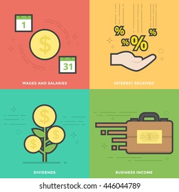 Flat Line Vector Icons for Wages and Salaries, Interest Received, Dividends and Business Income.  Pictogram pack vector logo concept for web graphics.