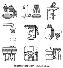 Flat line vector icons of water filters. Filters for water factories, water filters at home, pitchers with filters and other components for business and logos.
