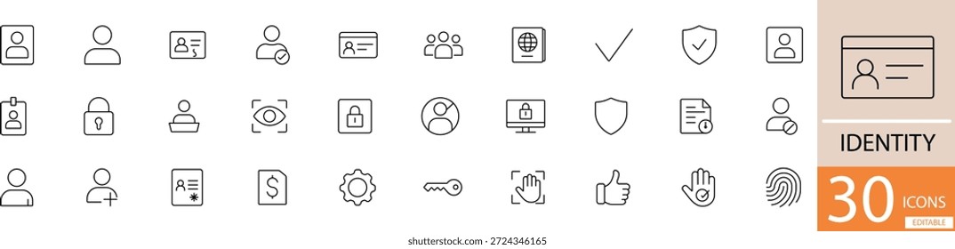 Conjunto de íconos de Vector de línea plana que muestra el perfil del usuario, la Identificación y los conceptos de identidad digital en un estilo minimalista limpio. Perfecto para uso de seguridad, autenticación y diseño de tecnología