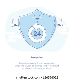 Flat line vector illustration of blue colors protection shield with lock in outline style. Design concept of web security guard, internet security, data protection or secure data