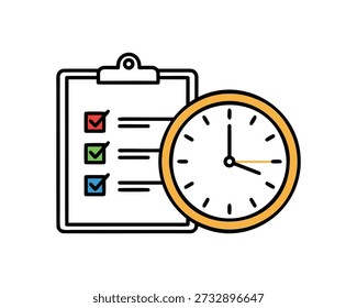 Ilustración vectorial de línea plana de un Portapapeles con una lista de verificación y un reloj analógico que representa la gestión del tiempo y la fecha límite aislados sobre fondo blanco
