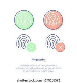 Flat line vector illustration concept of Fingerprints, Identification technology, ID app icon. Four fingerprint types detailed. Isolated icon set.