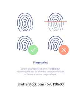 Flat line vector illustration concept of Fingerprints, Identification technology, ID app icon. Four fingerprint types detailed. Isolated icon set.