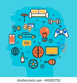 Flat line vector illustration design blue background of men thought process wanted, dream, idea, desire, wish, habits, stereotypes, favorite interests. Website blog banner, infographic elements