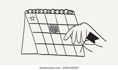 Ilustración vectorial de línea plana del calendario de flip desk para organizar o administrar el flujo de trabajo o las tareas de trabajo y responsabilidades en la oficina. Mano del gerente poniendo notas de recordatorio en organizador personal.