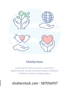 Flat line vector illustration icon set for Care, Protection, Charity or Donation. Symbols: Planet, Sprout, heart in hand. 