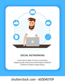 Flat Line Vector illustration Icon Style. Flat cute and happy man with laptop. Graphic design concept of Social Networking in Web Project and Applications. Isolated object