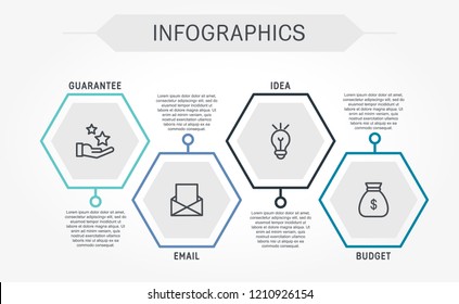 Flat line vector illustration. Infographic template with four elements, hexagons and text. Timeline step by step. Designed for business, presentations, web design, diagrams, training with 4 steps.