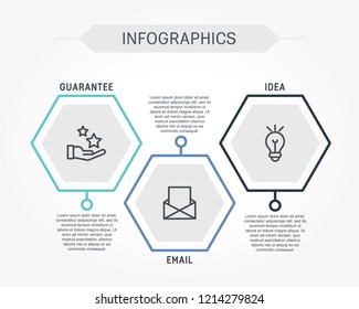 Flat line vector illustration. Infographic template with three elements, hexagons and text. Timeline step by step. Designed for business, presentations, web design, diagrams, training with 3 steps.