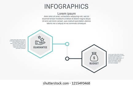 Flat line vector illustration. Infographic template with two elements, hexagons, text. Timeline step by step. Designed for business, presentations, web design, diagrams, training with 2 steps.