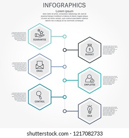 Flat line vector illustration. Infographic template with six elements, hexagons and text. Timeline step by step. Designed for business, presentations, web design, diagrams, training with 6 steps.