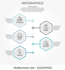 Flat line vector illustration. Infographic template with five elements, hexagons and text. Timeline step by step. Designed for business, presentations, web design, diagrams, training with 5 steps.