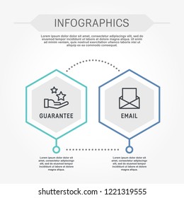Flat line vector illustration. Infographic template with two elements, hexagons, text. Timeline step by step. Designed for business, presentations, web design, diagrams, training with 2 steps.