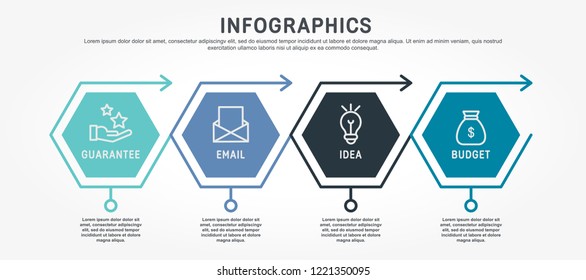 Flat line vector illustration. Infographic template with four fouelements, hexagons, text. Timeline step by step. Designed for business, presentations, web design, diagrams, training with 4 steps.