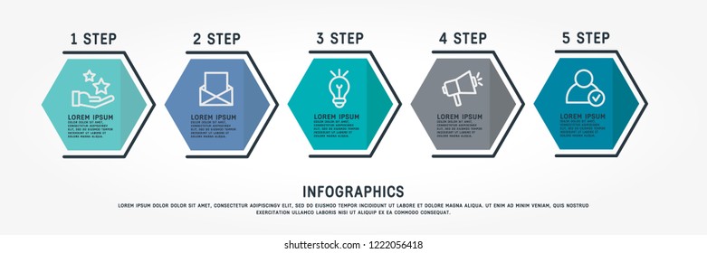 Flat line vector illustration. Infographic template with five elements, hexagons and text. Timeline step by step. Designed for business, presentations, web design, diagrams, training with 5 steps.