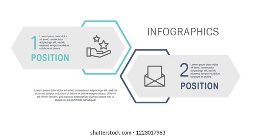 Flat line vector illustration. Infographic template with two elements, hexagons, rectangle. Timeline step by step. Designed for business, presentations, web design, diagrams, training with 2 steps.