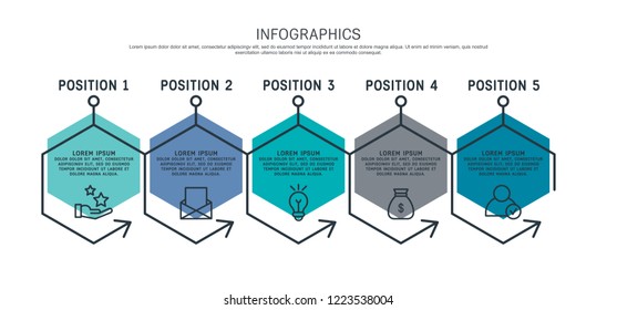 Flat line vector illustration. Infographic template with five elements, hexagons and text. Timeline step by step. Designed for business, presentations, web design, diagrams, training with 5 steps.