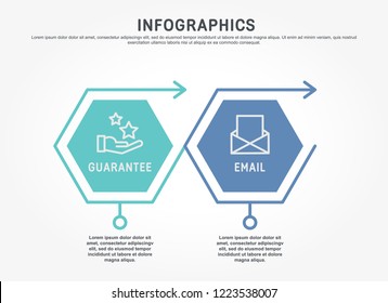 Flat line vector illustration. Infographic template with two elements, hexagons, text. Timeline step by step. Designed for business, presentations, web design, diagrams, training with 2 steps.