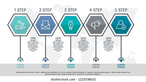 Flat line vector illustration. Infographic template with five elements, hexagons and text. Timeline step by step. Designed for business, presentations, web design, diagrams, training with 5 steps.