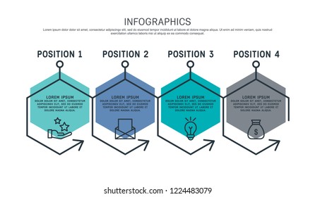 Flat line vector illustration. Infographic template with four fouelements, hexagons, text. Timeline step by step. Designed for business, presentations, web design, diagrams, training with 4 steps.