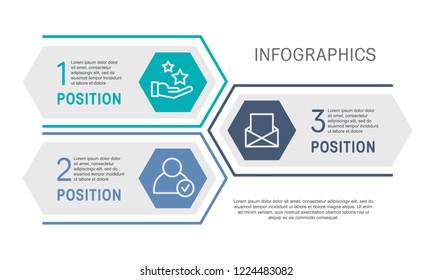 Flat line vector illustration. Infographic template with three elements, hexagons, rectangle. Timeline step by step. Designed for business, presentations, web design, diagrams, training with 3 steps.