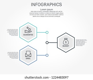 Flat line vector illustration. Infographic template with three elements, hexagons, text. Timeline step by step. Designed for business, presentations, web design, diagrams, training with 3 steps.