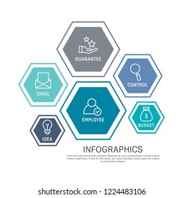 Flat line vector illustration. Infographic template with six elements, hexagons. Designed for business, presentations, web design, diagrams, educational, training with 6 steps.