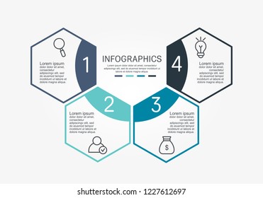Flat line vector illustration. Infographic template with four elements, hexagons. Designed for business, presentations, web design, diagrams, educational, training with 4 steps.