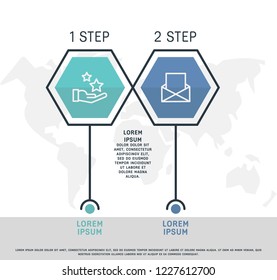 Flat line vector illustration. Infographic template with two elements, hexagons, text. Timeline step by step. Designed for business, presentations, web design, diagrams, training with 2 steps.