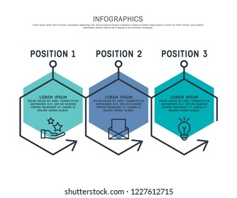 Flat line vector illustration. Infographic template with three elements, hexagons, text. Timeline step by step. Designed for business, presentations, web design, diagrams, training with 3 steps.