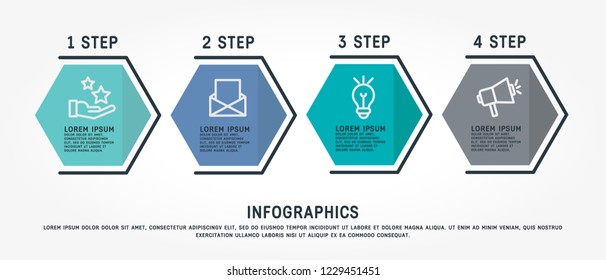 Flat line vector illustration. Infographic template with four fouelements, hexagons, text. Timeline step by step. Designed for business, presentations, web design, diagrams, training with 4 steps.