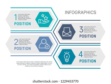 Flat line vector illustration. Infographic template with four elements, hexagons, rectangle. Timeline step by step. Designed for business, presentations, web design, diagrams, training with 4 steps.