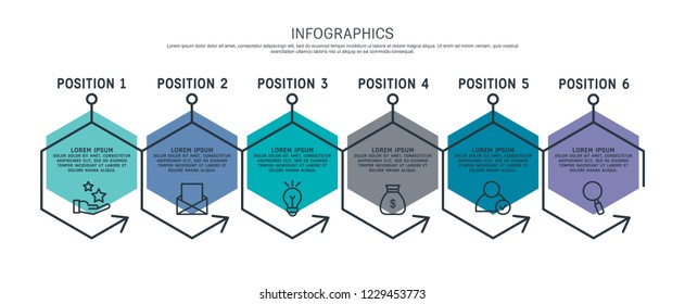 Flat line vector illustration. Infographic template with five elements, hexagons and text. Timeline step by step. Designed for business, presentations, web design, diagrams, training with 5 steps.