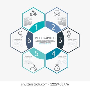 Flat line vector illustration. Infographic template with six elements, hexagons in a circle. Designed for business, presentations, web design, diagrams, educational, training with 6 steps.