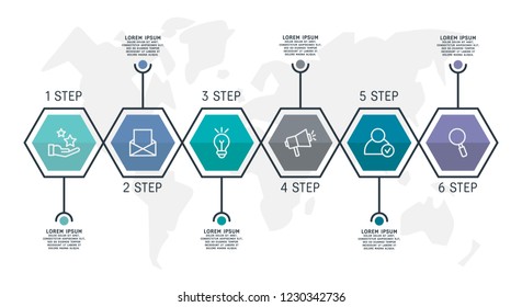 Flat line vector illustration. Infographic template with six elements, hexagons and text. Timeline step by step. Designed for business, presentations, web design, diagrams, training with 6 steps.