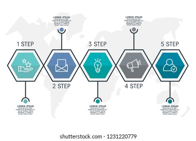 Flat line vector illustration. Infographic template with five elements, hexagons and text. Timeline step by step. Designed for business, presentations, web design, diagrams, training with 5 steps.